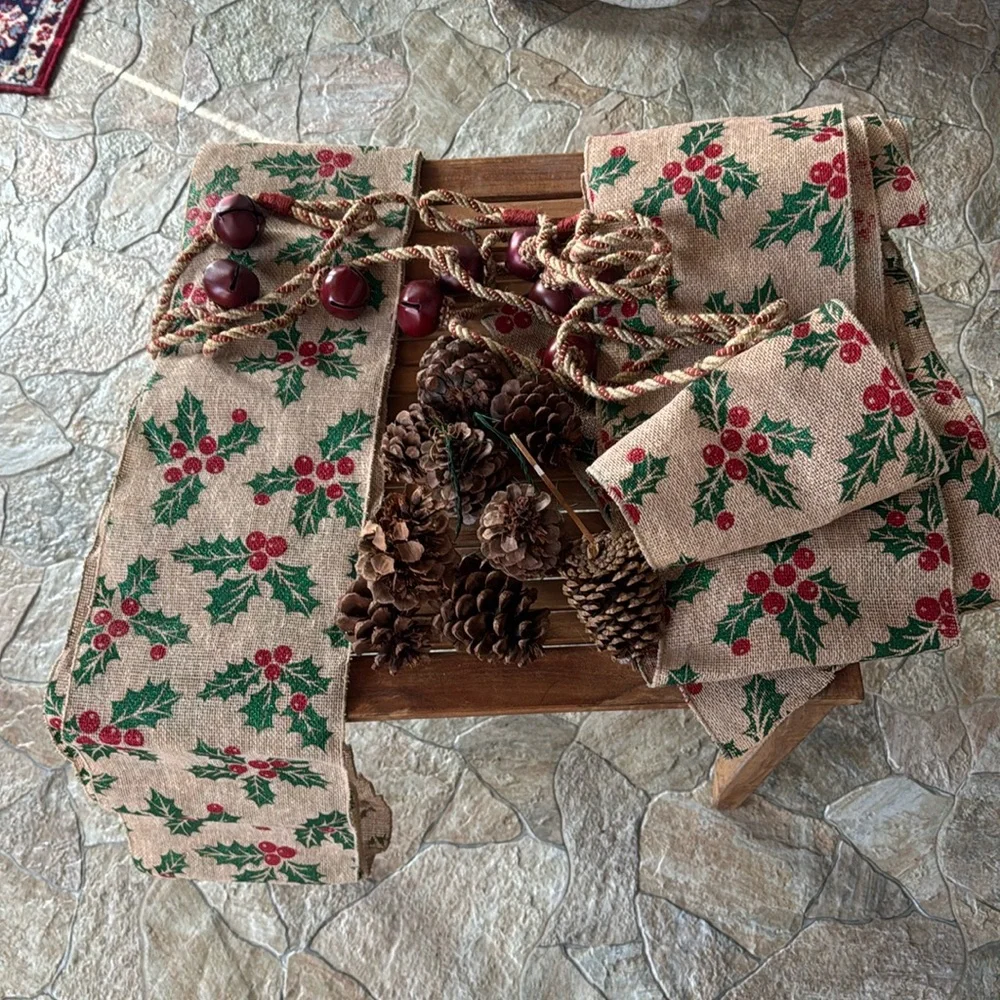 Burlap Jingle Bells Pine Cones Bundle of Jingle Garland, Holly Burlap & Cones